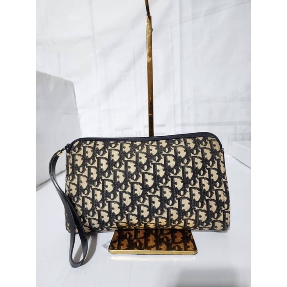 Authentic CHRISTIAN DIOR Vintage  Monogram Wristlet Clutch Navy Blue/Beige - Picture 14 of 14